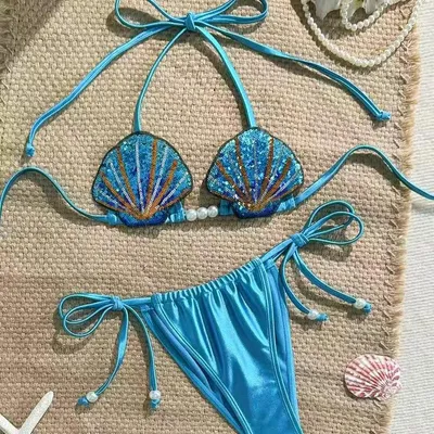 Bikini 2 pièces sirène bleu turquoise à sequins effet coquillage au look sirène – Neuf Taille L (38/40)